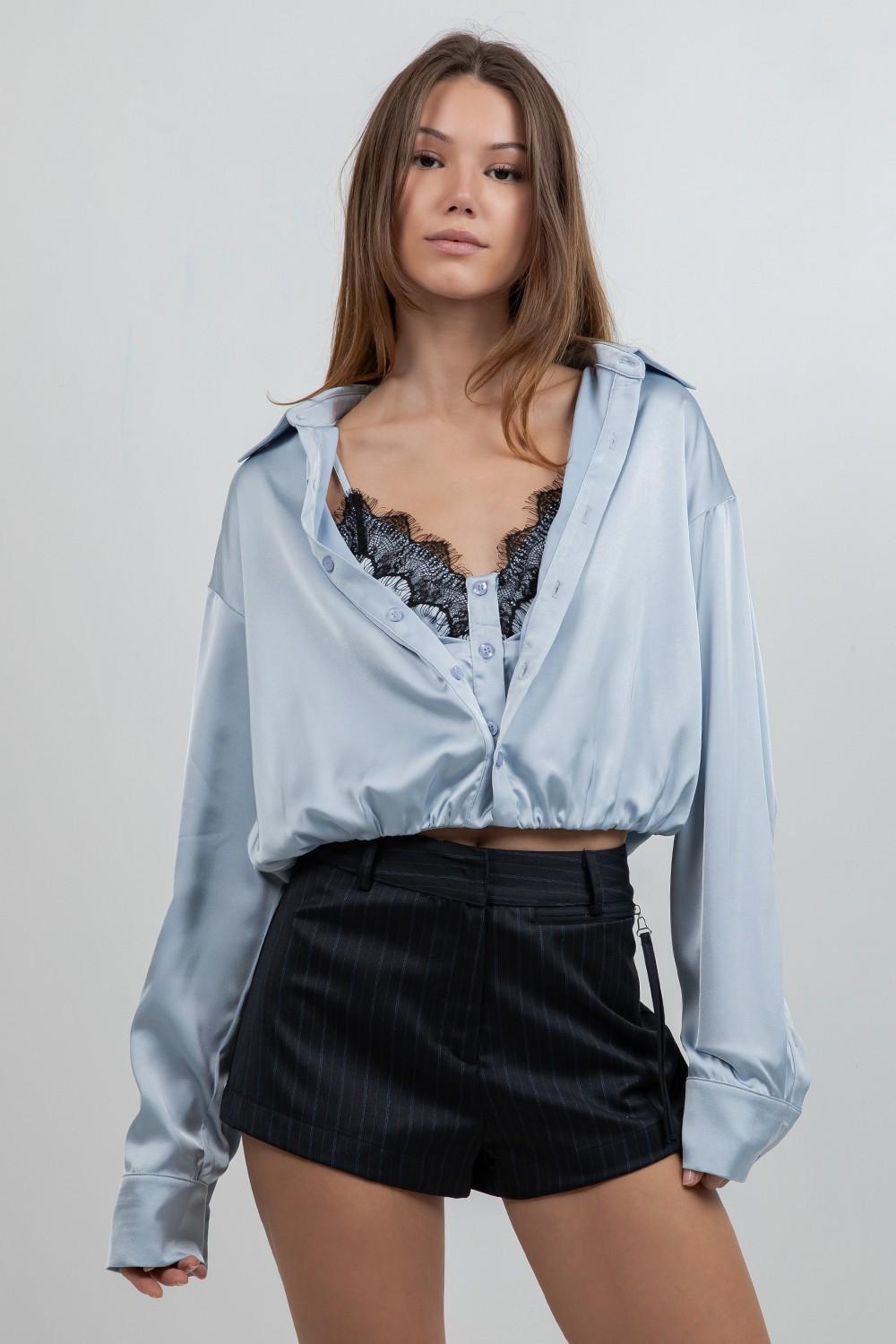 Satin Shirt Lace Accent 13671