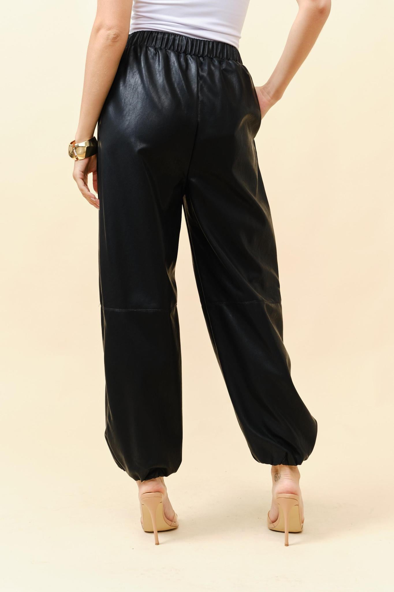 Elastic waist faux leather Pant 1112