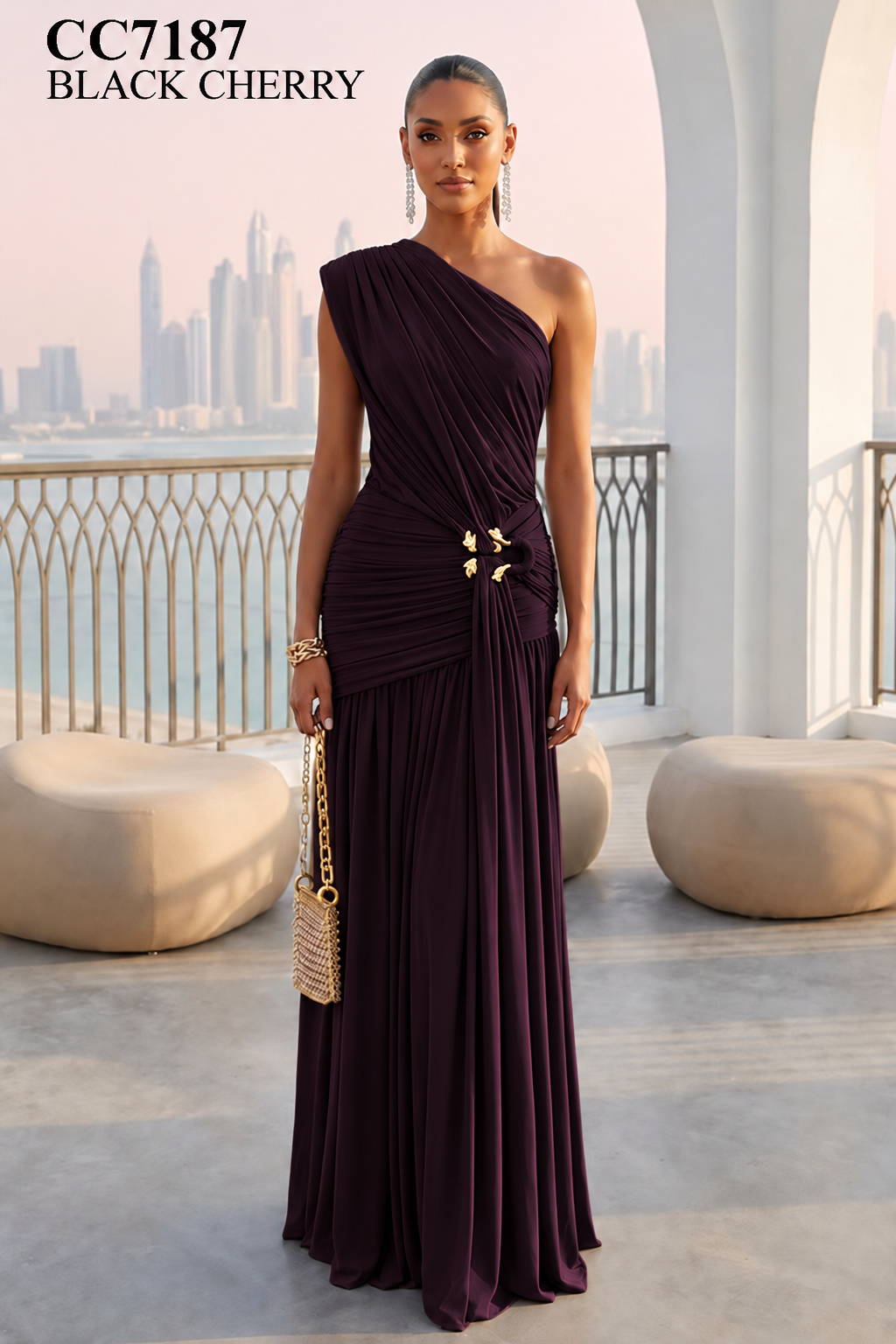 CC7187 Black Cherry one-shoulder maxi dress