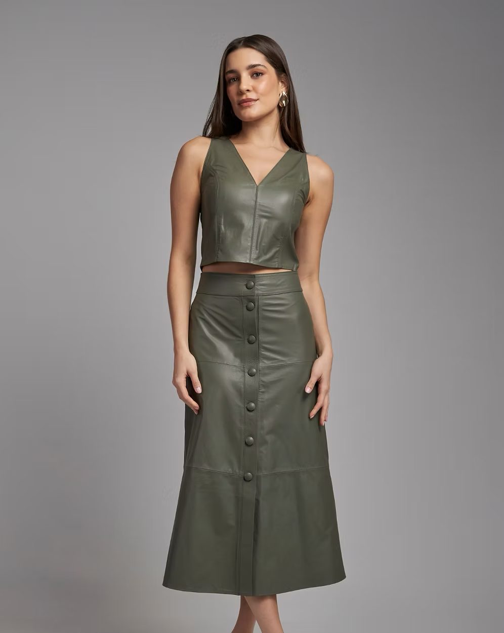 Midi Skirt Buttons Leather 1023