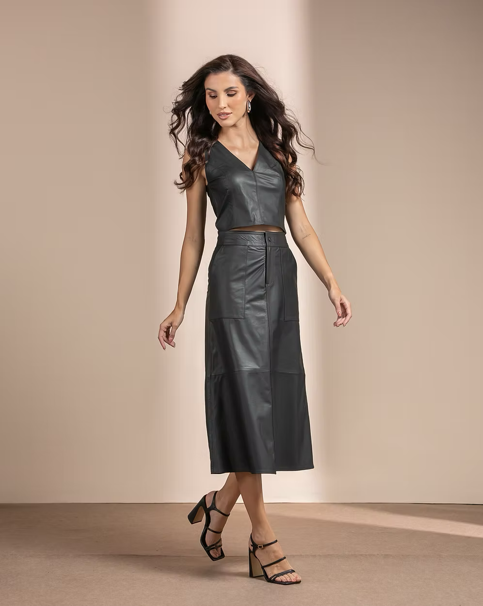 Pocket Midi Skirt Leather 1205