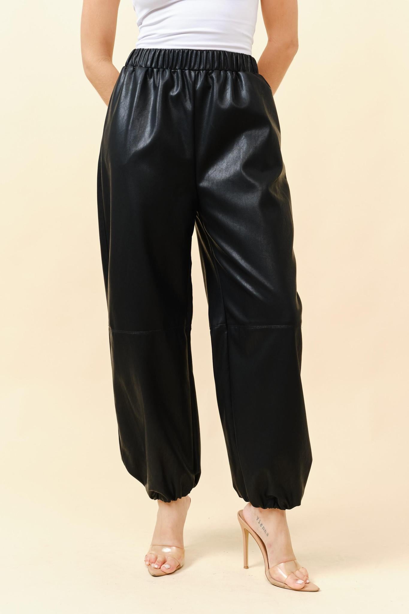 Elastic waist faux leather Pant 1112