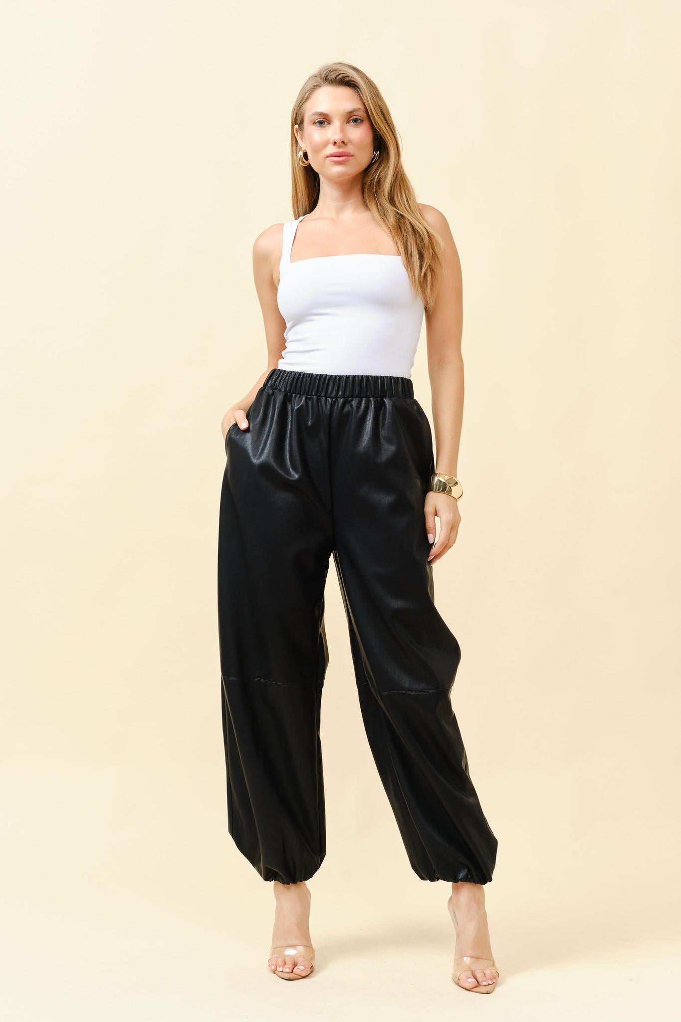 Elastic waist faux leather Pant 1112